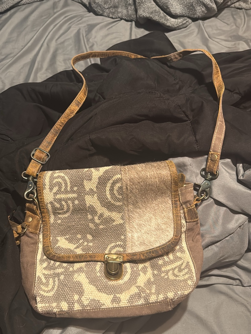 Neutral Brown Patterned Crossbody Shoulder Bag